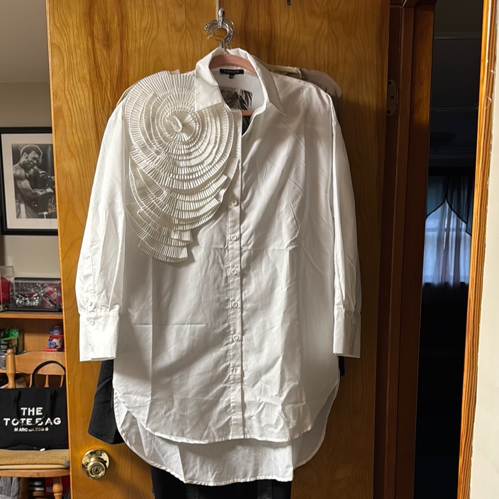 Elegant White Dress Shirt with Asymmetrical Ruffle